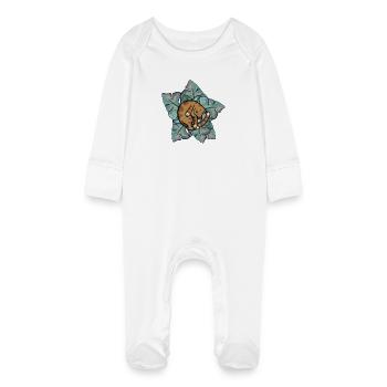 Cat Nap on Monstera Leaves - Baby Organic Sleepsuit with Scratch Mitts - white - Front