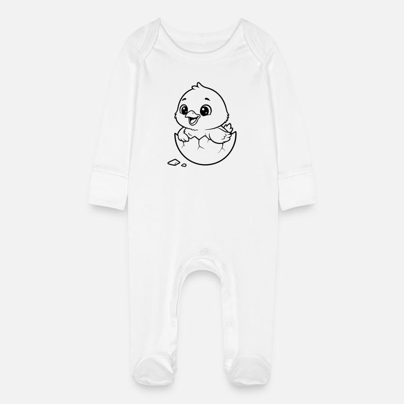 Cute Chick Hatching from Egg - Baby Organic Sleepsuit with Scratch Mitts - white