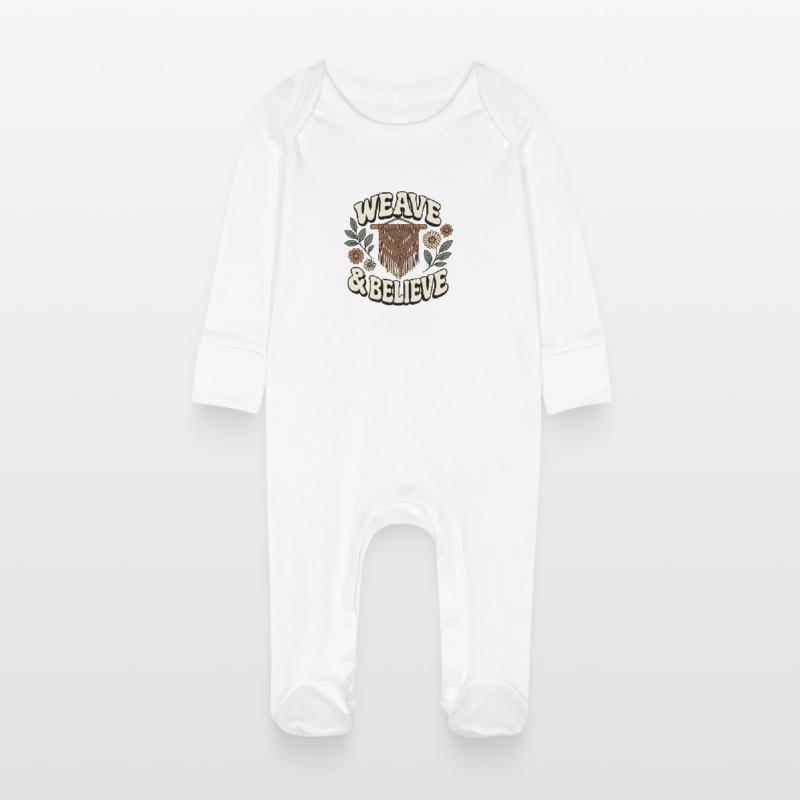 Weaving & Believing | Macrame Boho Baby Organic Sleepsuit with Scratch Mitts
