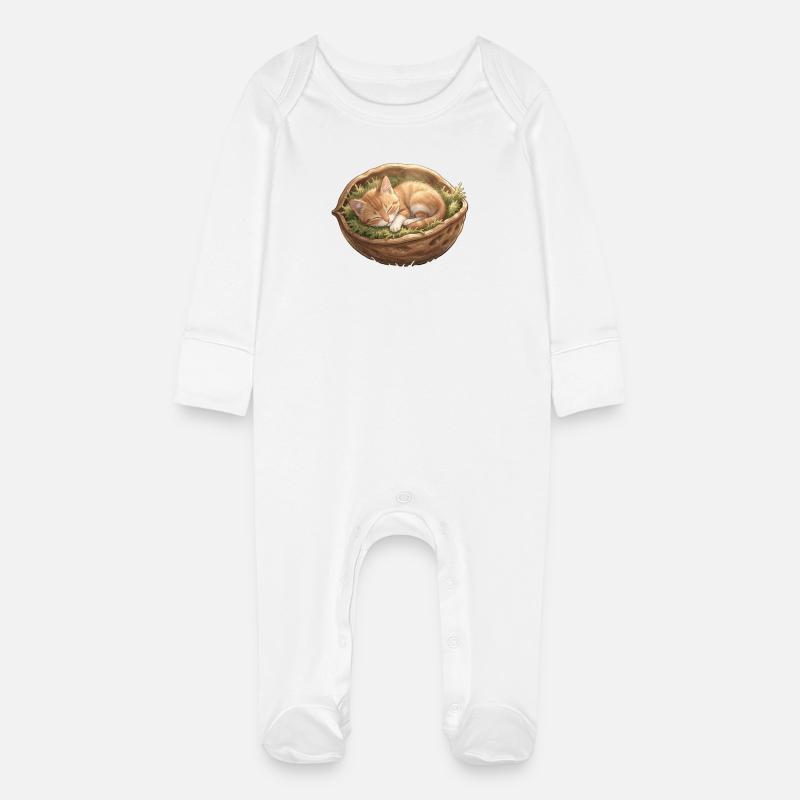 Slumbering nest kitten - Baby Organic Sleepsuit with Scratch Mitts - white