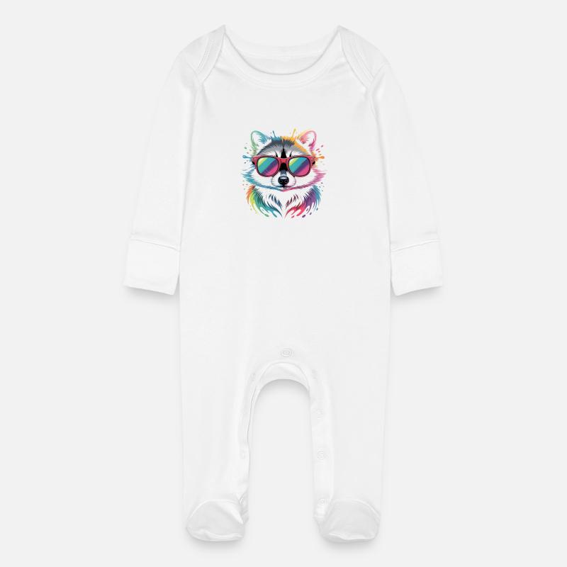 Éclaboussure colorée d’aquarelle de raton laveur - Grenouillère bio avec gants Bébé - blanc