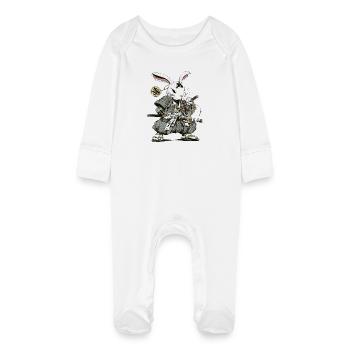 Rabbit Samurai Warrior with Katana - Baby Organic Sleepsuit with Scratch Mitts - white - Front