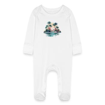 Tropical island at sunset - Baby Organic Sleepsuit with Scratch Mitts - white - Front