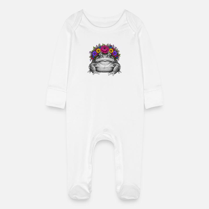 Toad with flower crown - Baby Organic Sleepsuit with Scratch Mitts - white