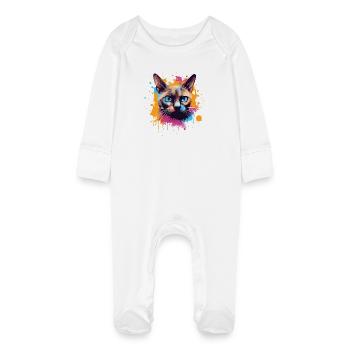 Colorful Splash Art Burmese Cat Face  - Baby Organic Sleepsuit with Scratch Mitts - white - Front