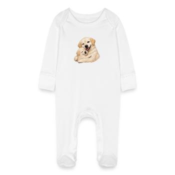 Maman et son chiot se blottissent l’un contre l’autre - Grenouillère bio avec gants Bébé - blanc - Devant
