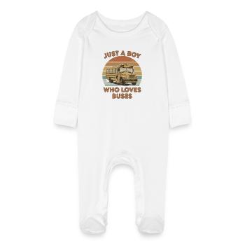 Boy Loves Buses – Retro Bus Design - Baby Organic Sleepsuit with Scratch Mitts - white - Front