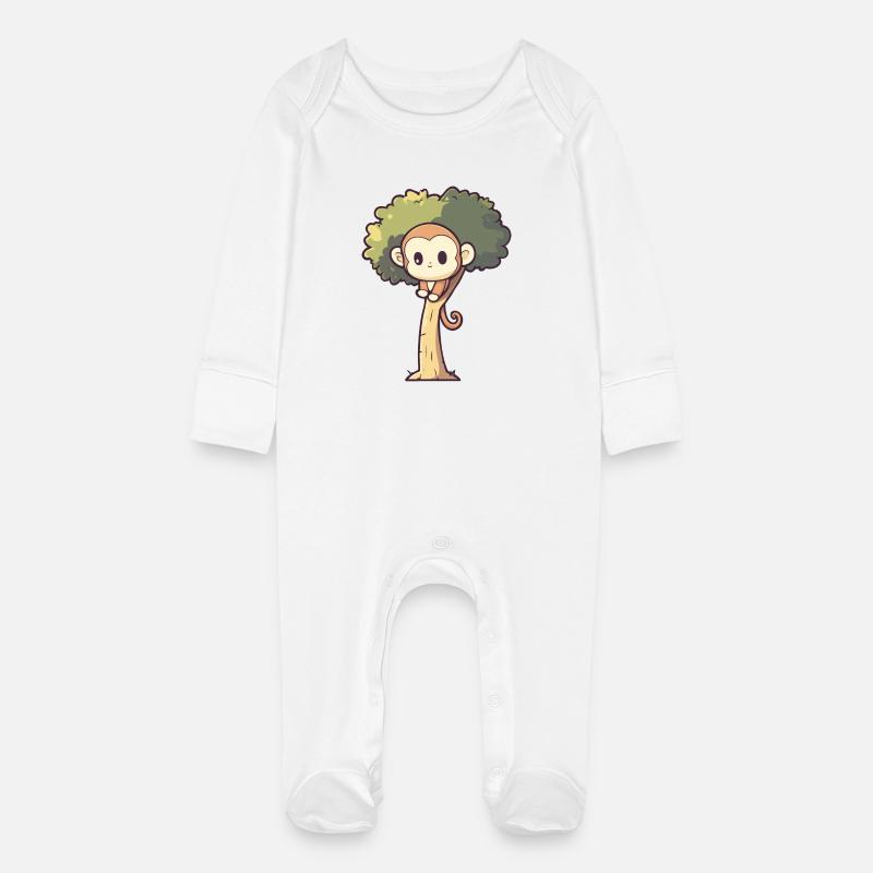 Cute monkey sitting on a tree - Baby Organic Sleepsuit with Scratch Mitts - white