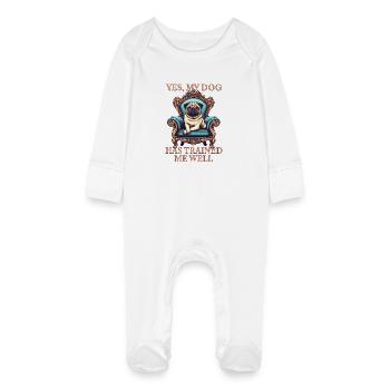 Dog Pug Throne King My Dog Has Me Train Well - Baby Organic Sleepsuit with Scratch Mitts - white - Front