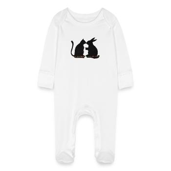 Chat et lapin amis, relation romantique - Grenouillère bio avec gants Bébé - blanc - Devant