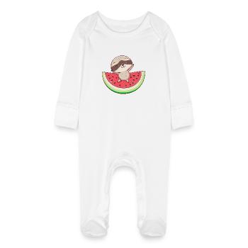 Sloth with watermelon - Relaxed design - Baby Organic Sleepsuit with Scratch Mitts - white - Front