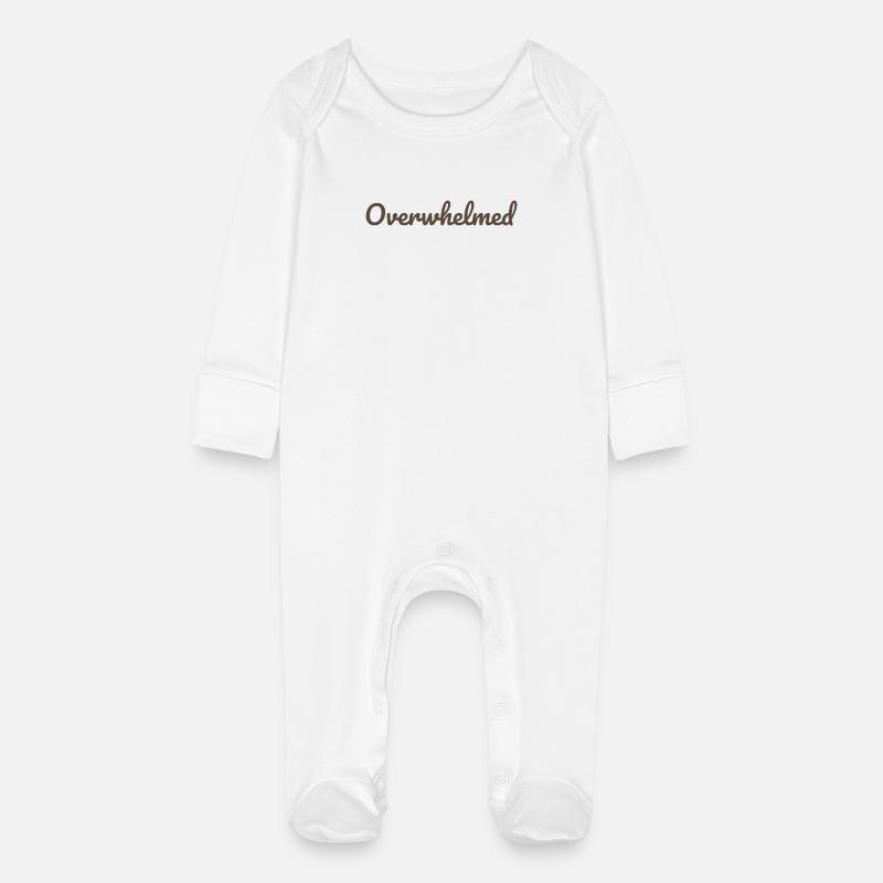 Overwhelms script text in brown - Baby Organic Sleepsuit with Scratch Mitts - white