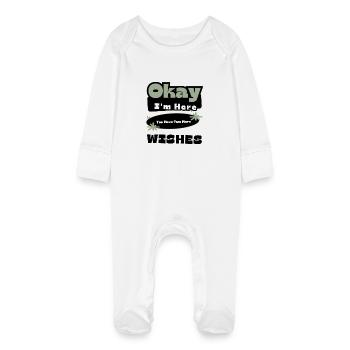 Okay I'm Here You Have Two More Wishes Cool Phrase - Baby Organic Sleepsuit with Scratch Mitts - white - Front