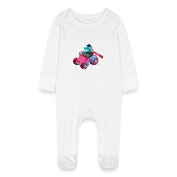 Hippo in a tractor - Baby Organic Sleepsuit with Scratch Mitts - white - Front