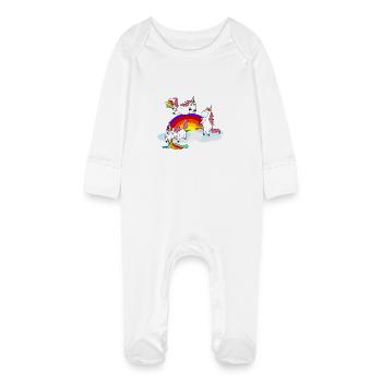 Unicorn peeing Farting puke - Baby Organic Sleepsuit with Scratch Mitts - white - Front
