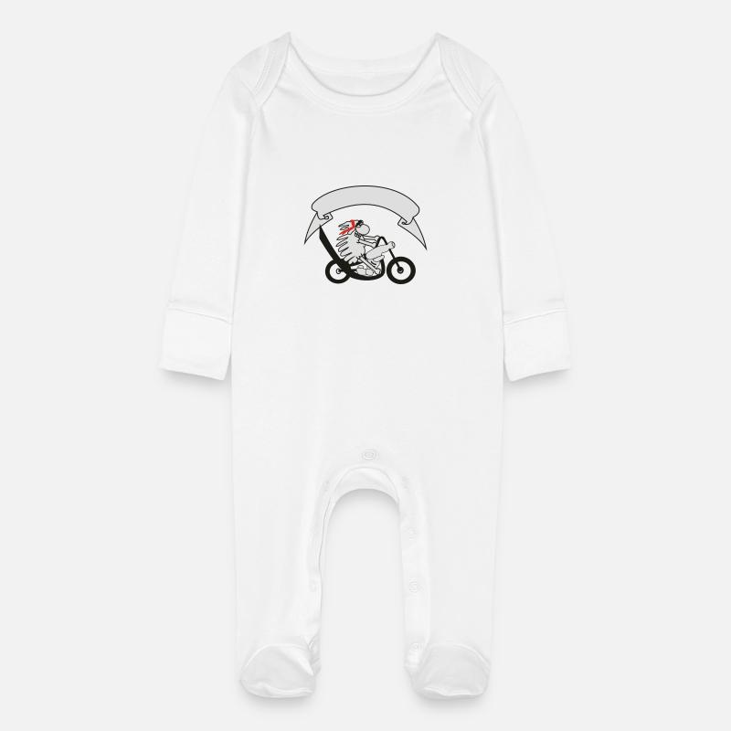 Biker sheep with banner - Baby Organic Sleepsuit with Scratch Mitts - white
