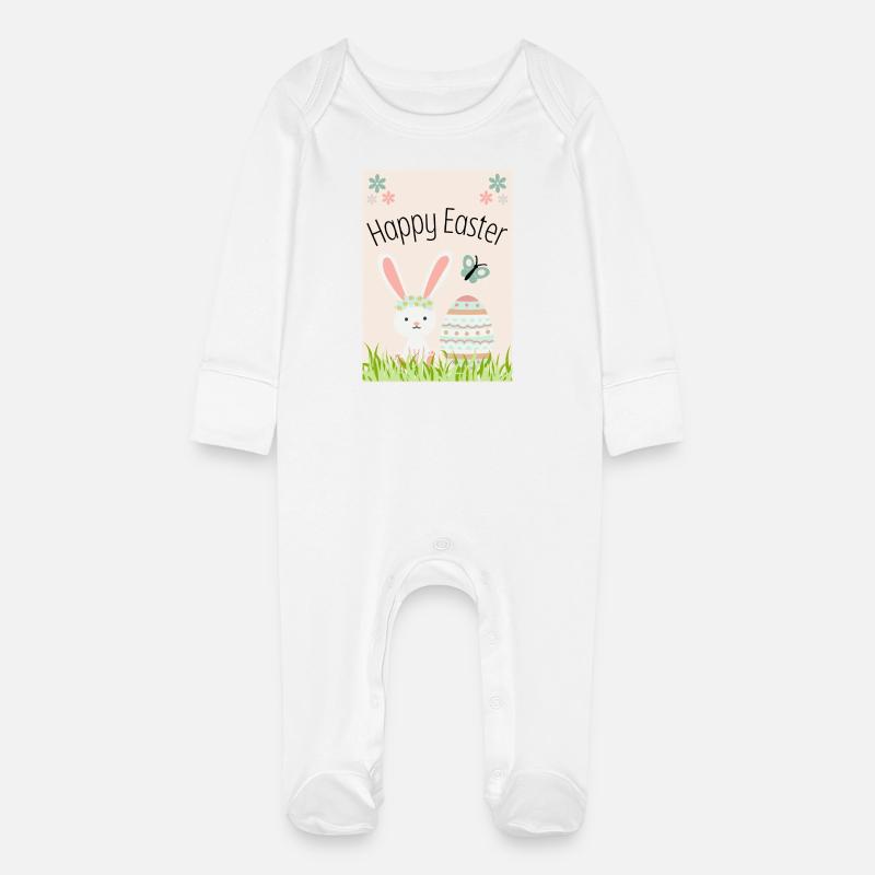 Joyeux lapin de Pâques - Grenouillère bio avec gants Bébé - blanc