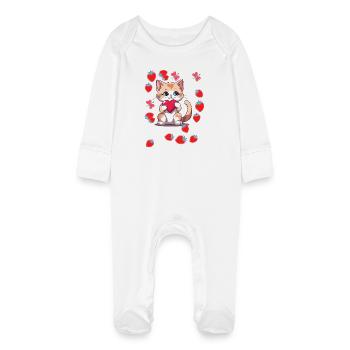 Années 80 Rétro Chat Chats Fraises Fraise Enfants - Grenouillère bio avec gants Bébé - blanc - Devant