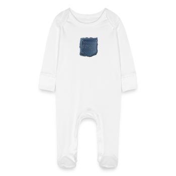 torn jeans fabric with trouser pocket - Baby Organic Sleepsuit with Scratch Mitts - white - Front