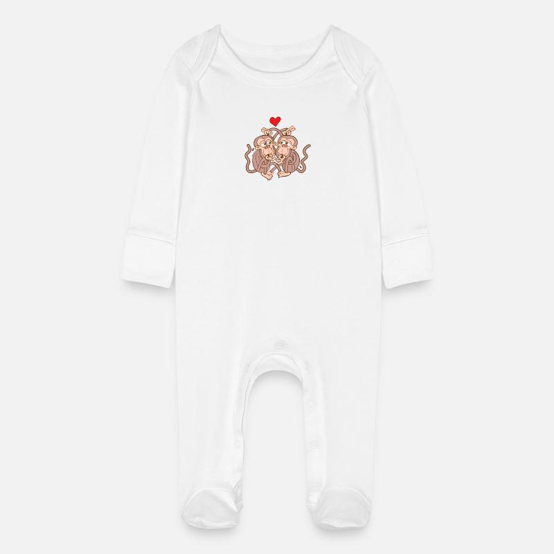 Monkeys Falling in Love while Eating Lice - Grenouillère bio avec gants Bébé - blanc