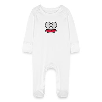 Frightened Insecure Looking Cartoon Face - Baby Organic Sleepsuit with Scratch Mitts - white - Front