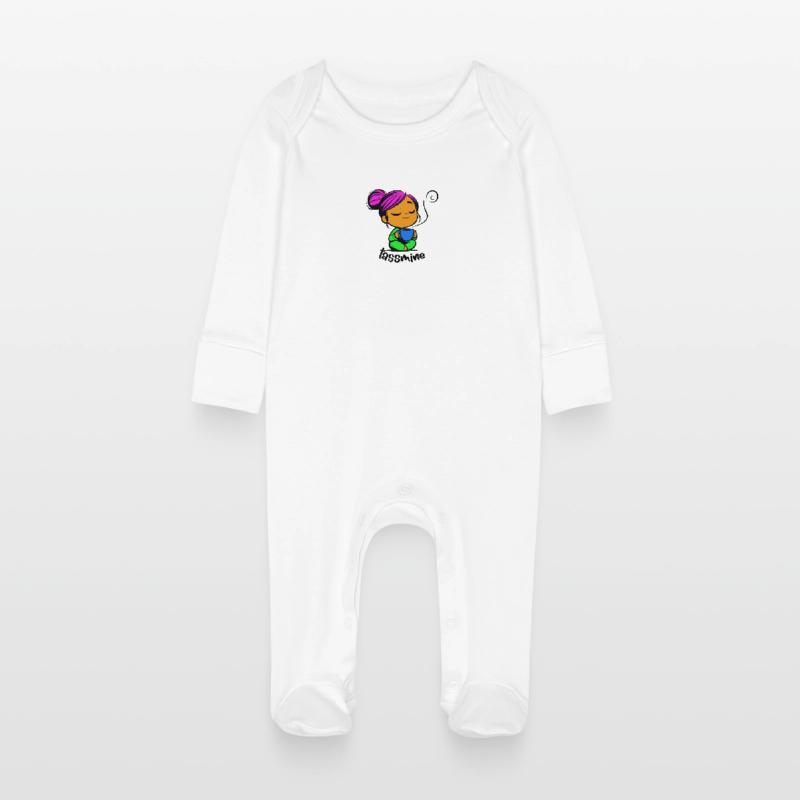 Tassmine enspannt mit einer Tasse Tee oder Kaffee Baby Bio-Schlafanzug mit Kratzhandschuhen