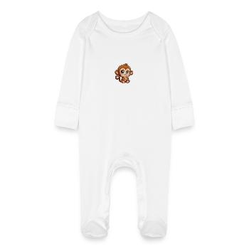 Cute monkey chimpanzee nibbling cookies cartoon - Baby Organic Sleepsuit with Scratch Mitts - white - Front