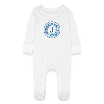 Elegant Ceramic Floral Logo - Letter J - Baby Organic Sleepsuit with Scratch Mitts - white - Front