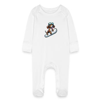 Dackel Hund Snowboard Comics Winterspaß - Baby Bio-Schlafanzug mit Kratzhandschuhen - Weiß - Vorne
