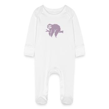 Minimalist sloth relaxing on a branch - Baby Organic Sleepsuit with Scratch Mitts - white - Front