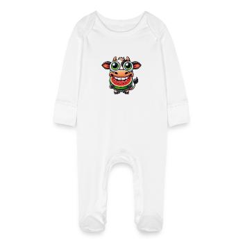 Cute cow bull cartoon with watermelon - Baby Organic Sleepsuit with Scratch Mitts - white - Front
