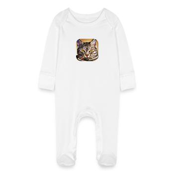 cat - Baby Organic Sleepsuit with Scratch Mitts - white - Front
