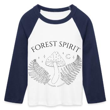 Spiritueux de la forêt, champignon et fougère - T-shirt Crop Top de Baseball Manches 3/4 Femme - blanc/marine  - Devant - Maraike (178cm)