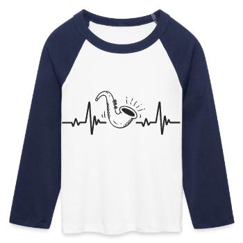Saxophon Rhythmusmusik Jazzinstrument Herz - Frauen Cropped Baseball T-Shirt 3/4 Arm - Weiß/Navy  - Vorne - Maraike (178cm)