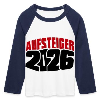 Aufsteiger 2026 Aufstieg - Frauen Cropped Baseball T-Shirt 3/4 Arm - Weiß/Navy  - Vorne - Maraike (178cm)