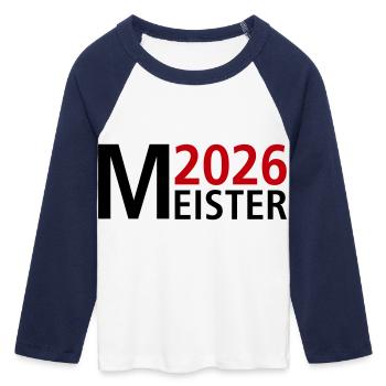 Meister 2026 Meisterschaft - Frauen Cropped Baseball T-Shirt 3/4 Arm - Weiß/Navy  - Vorne - Maraike (178cm)