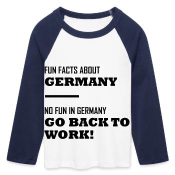 Fun Facts about Germany - No Fun in Germany - Women's Cropped 3/4 Sleeve Baseball T-Shirt - white/navy  - Front - Maraike (178cm)