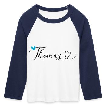 Thomas Name Vorname Kalligrafieherz - Frauen Cropped Baseball T-Shirt 3/4 Arm - Weiß/Navy  - Vorne - Maraike (178cm)
