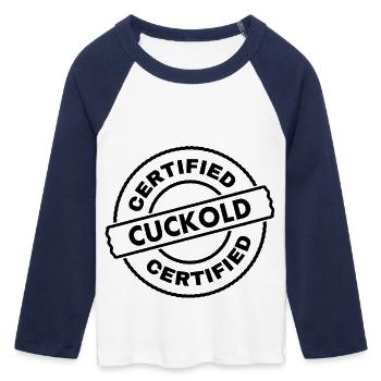 certified cuckold - Women's Cropped 3/4 Sleeve Baseball T-Shirt - white/navy  - Front - Maraike (178cm)