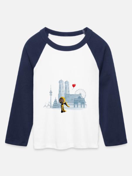 Münchner Kindl mit München Skyline - Frauen Cropped Baseball T-Shirt 3/4 Arm - Weiß/Navy 