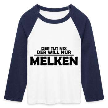 der tut nix der will nur melken - Frauen Cropped Baseball T-Shirt 3/4 Arm - Weiß/Navy  - Vorne - Maraike (178cm)