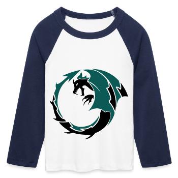 dragon_002 - Frauen Cropped Baseball T-Shirt 3/4 Arm - Weiß/Navy  - Vorne - Maraike (178cm)