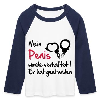 penis - Frauen Cropped Baseball T-Shirt 3/4 Arm - Weiß/Navy  - Vorne - Maraike (178cm)