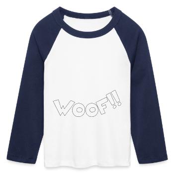 Aboyer bruyamment : Woof avec style - T-shirt Crop Top de Baseball Manches 3/4 Femme - blanc/marine  - Devant - Maraike (178cm)