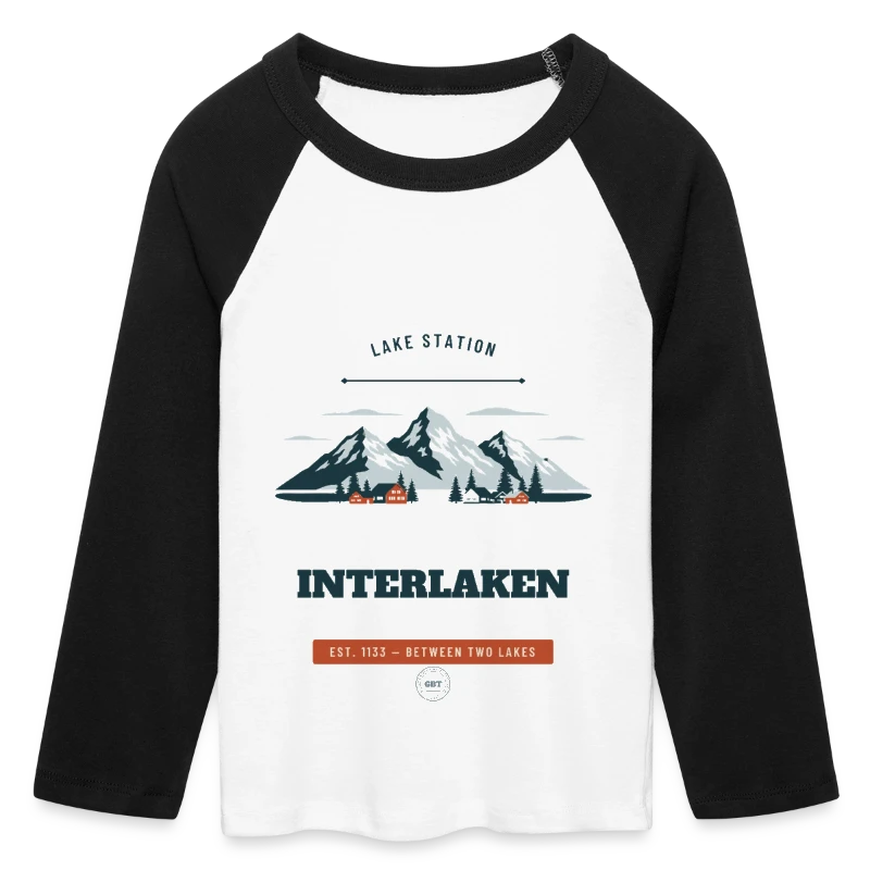 Interlaken badge on a women's cropped 3/4 sleeve baseball t-shirt
