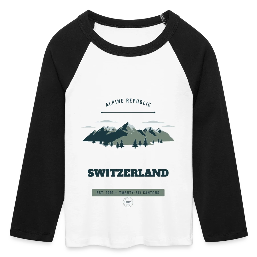 Switzerland badge on a women's cropped 3/4 sleeve baseball t-shirt, white/black