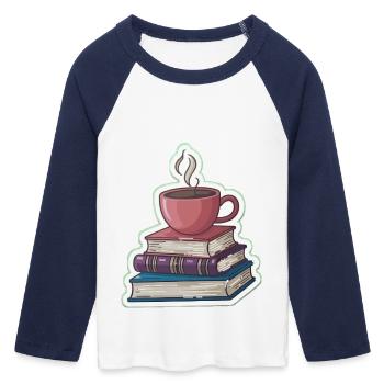 Coffee and stacks of books - Women's Cropped 3/4 Sleeve Baseball T-Shirt - white/navy  - Front - Maraike (178cm)