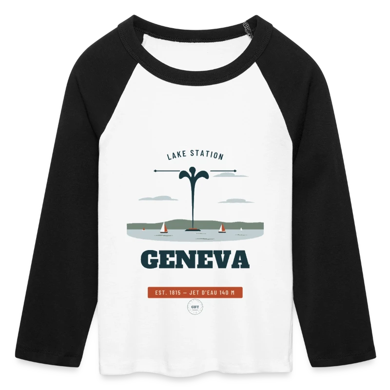 Geneva badge on a women's cropped 3/4 sleeve baseball t-shirt