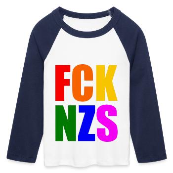 Fck nzs - Frauen Cropped Baseball T-Shirt 3/4 Arm - Weiß/Navy  - Vorne - Maraike (178cm)