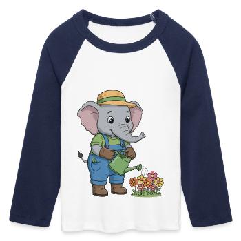 Whimsical Elephant Gardening Design - Women's Cropped 3/4 Sleeve Baseball T-Shirt - white/navy  - Front - Maraike (178cm)